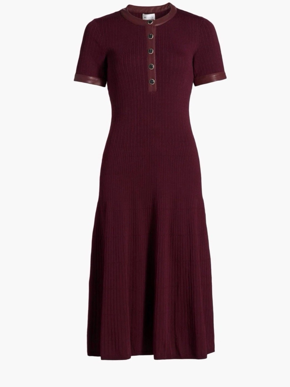 Milly Leather Trim Burgundy Knit Detail Midi Dress